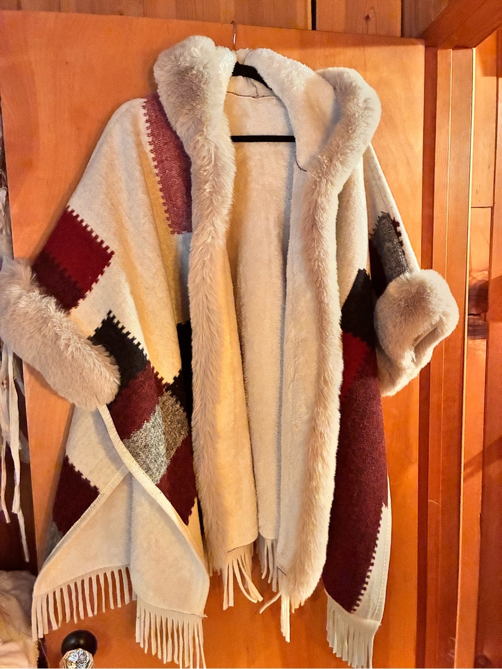 Cozy Faux Fur Trim Aztec Poncho with sleeves and hood Sweater - Cream & Burgundy